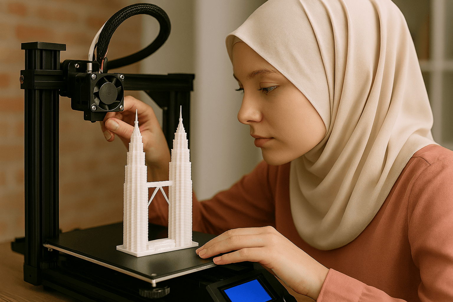 girl using 3d printer to print klcc